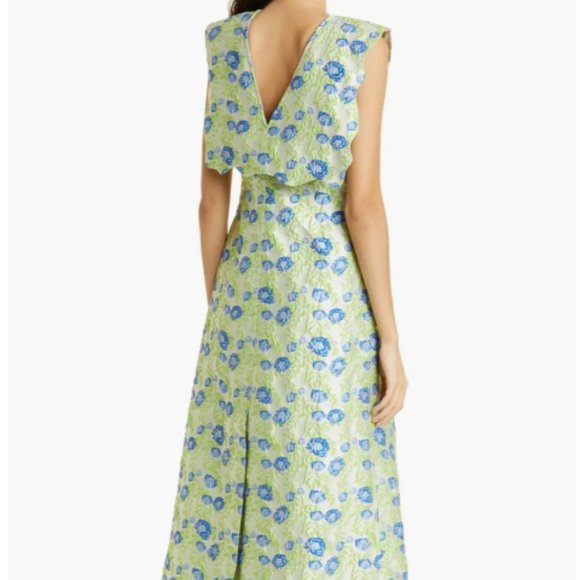 GANNI FLORAL JACQUARD RECYCLED FIBER BLEND A-LINE MIDI GREEN DRESS sz 38 - Picture 2 of 8